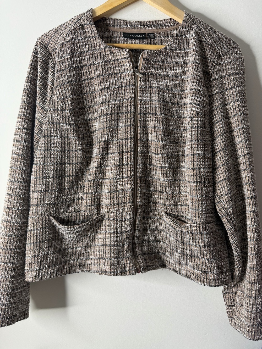 Rafaella Taupe-Patterned Tweed Zip Jacket